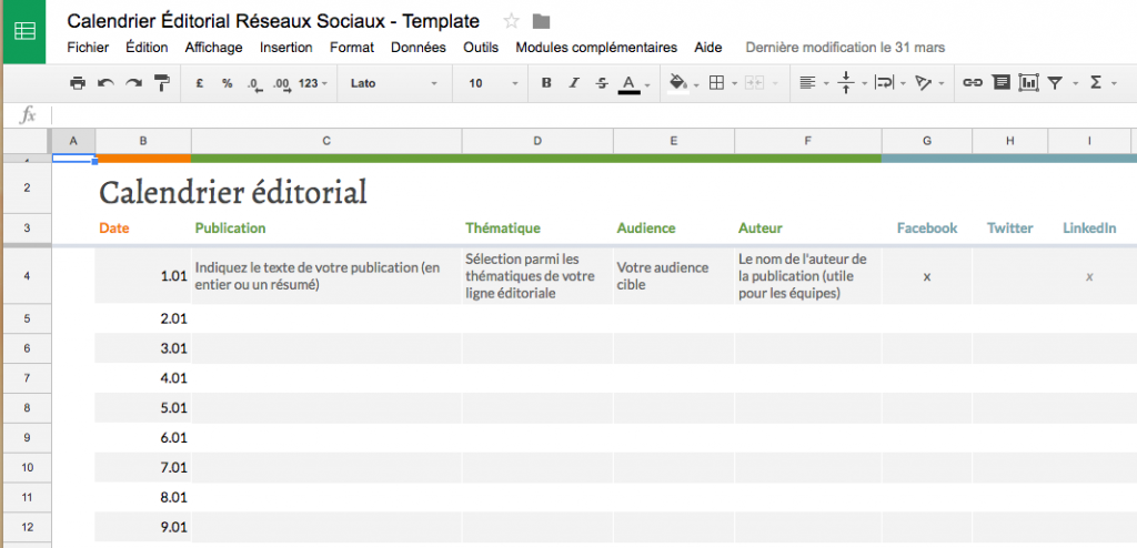 Calendrier éditorial Google Sheets