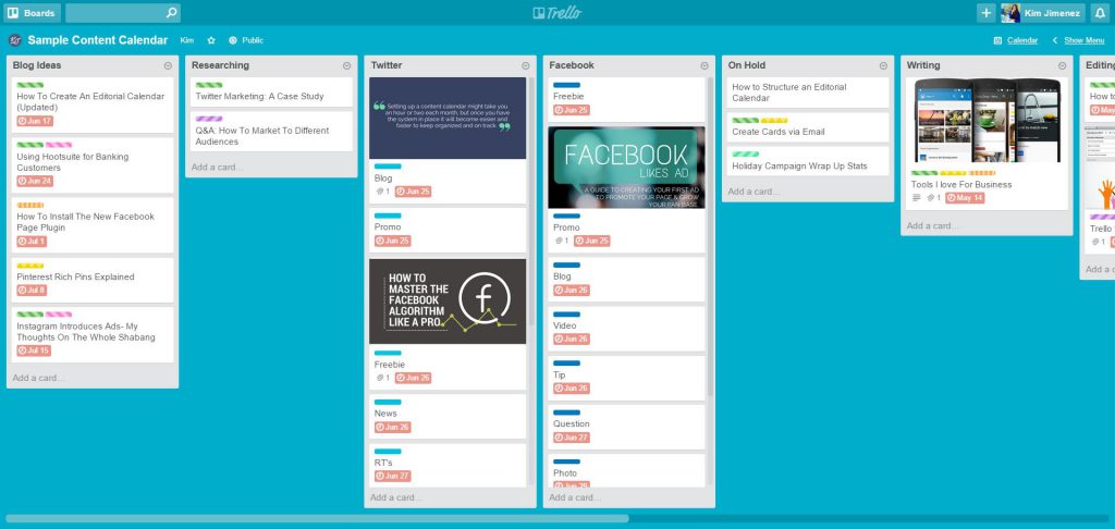 Trello calendrier éditorial