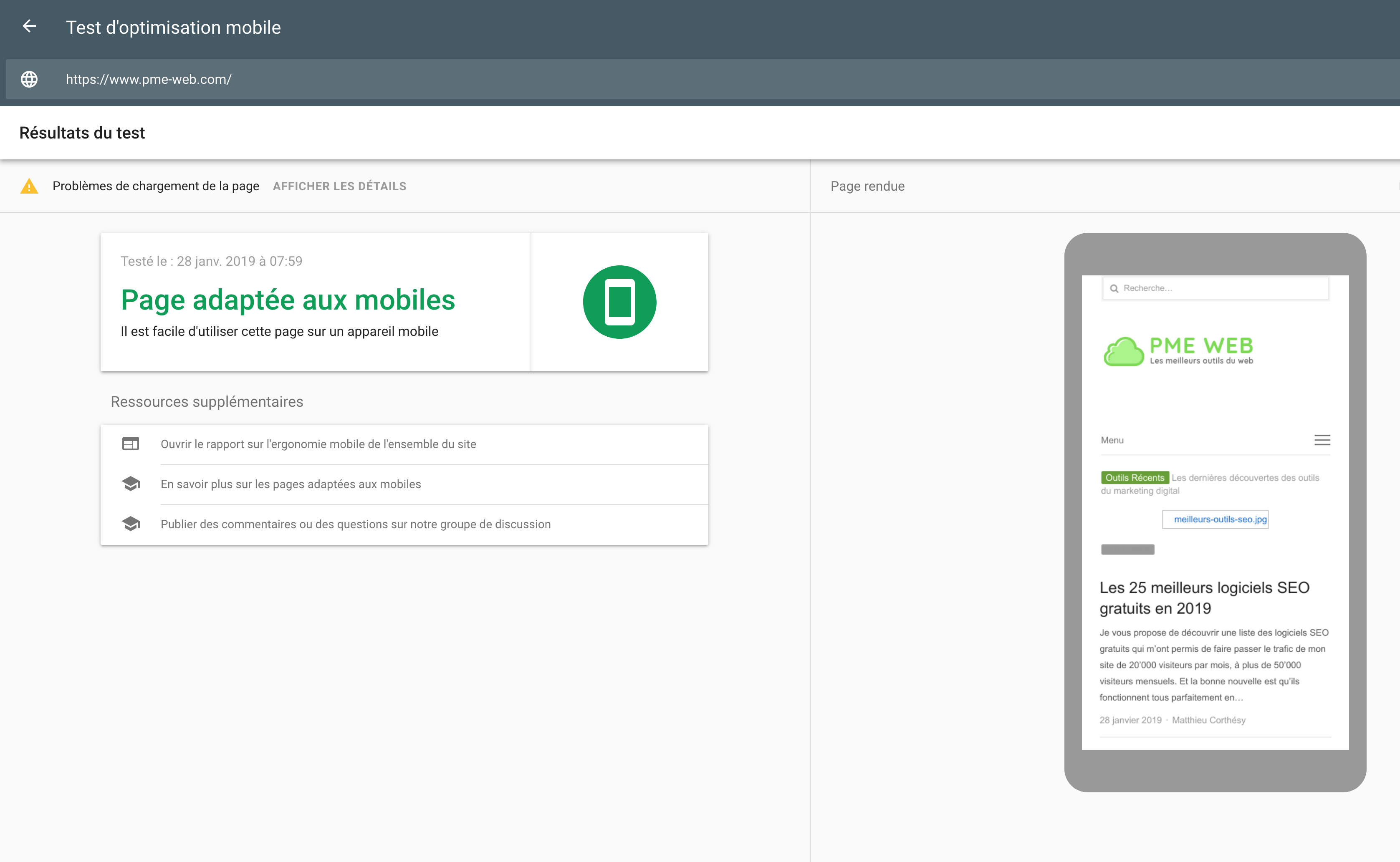 Test d'optimisation mobile Google