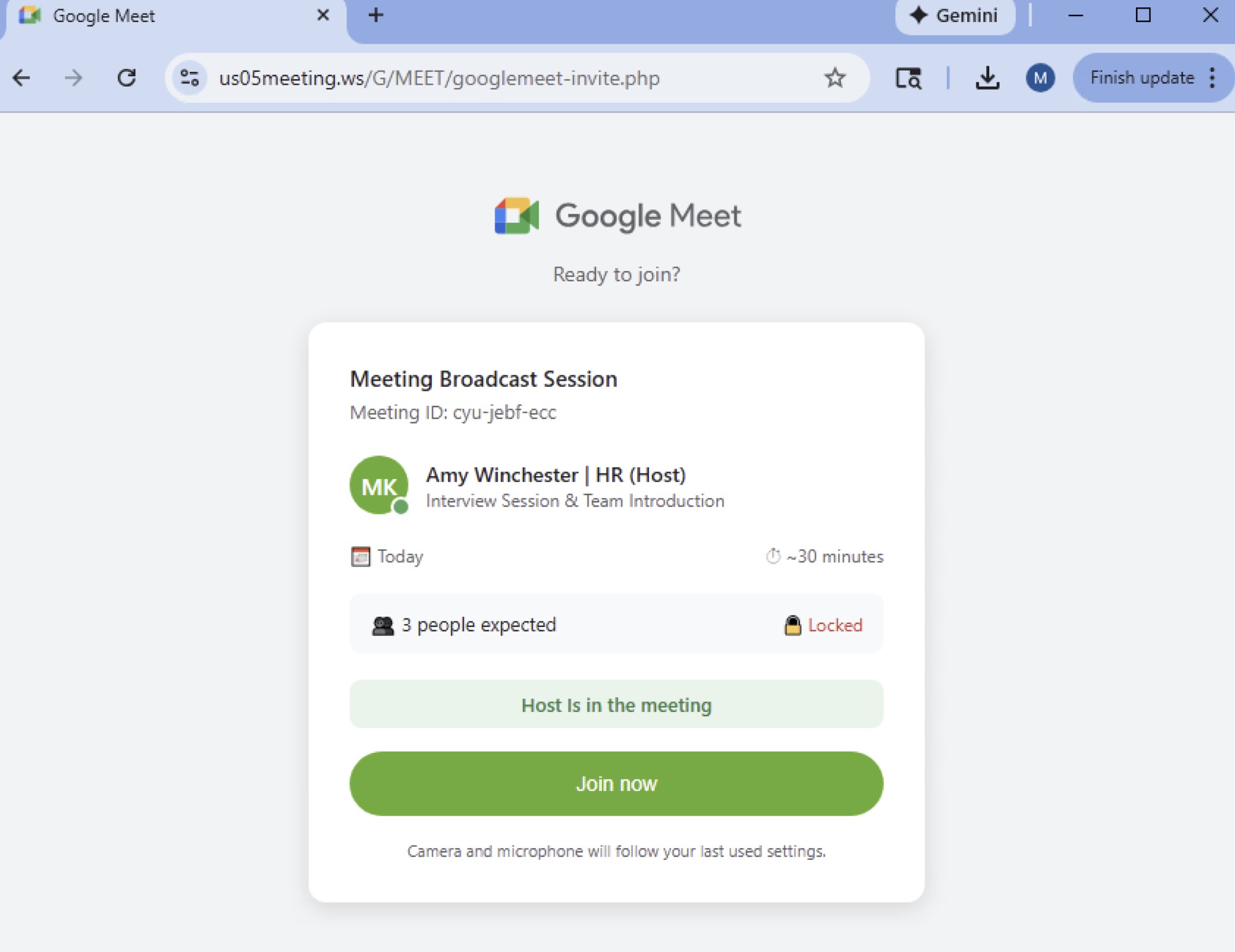 Un faux écran de connexion Google Meet